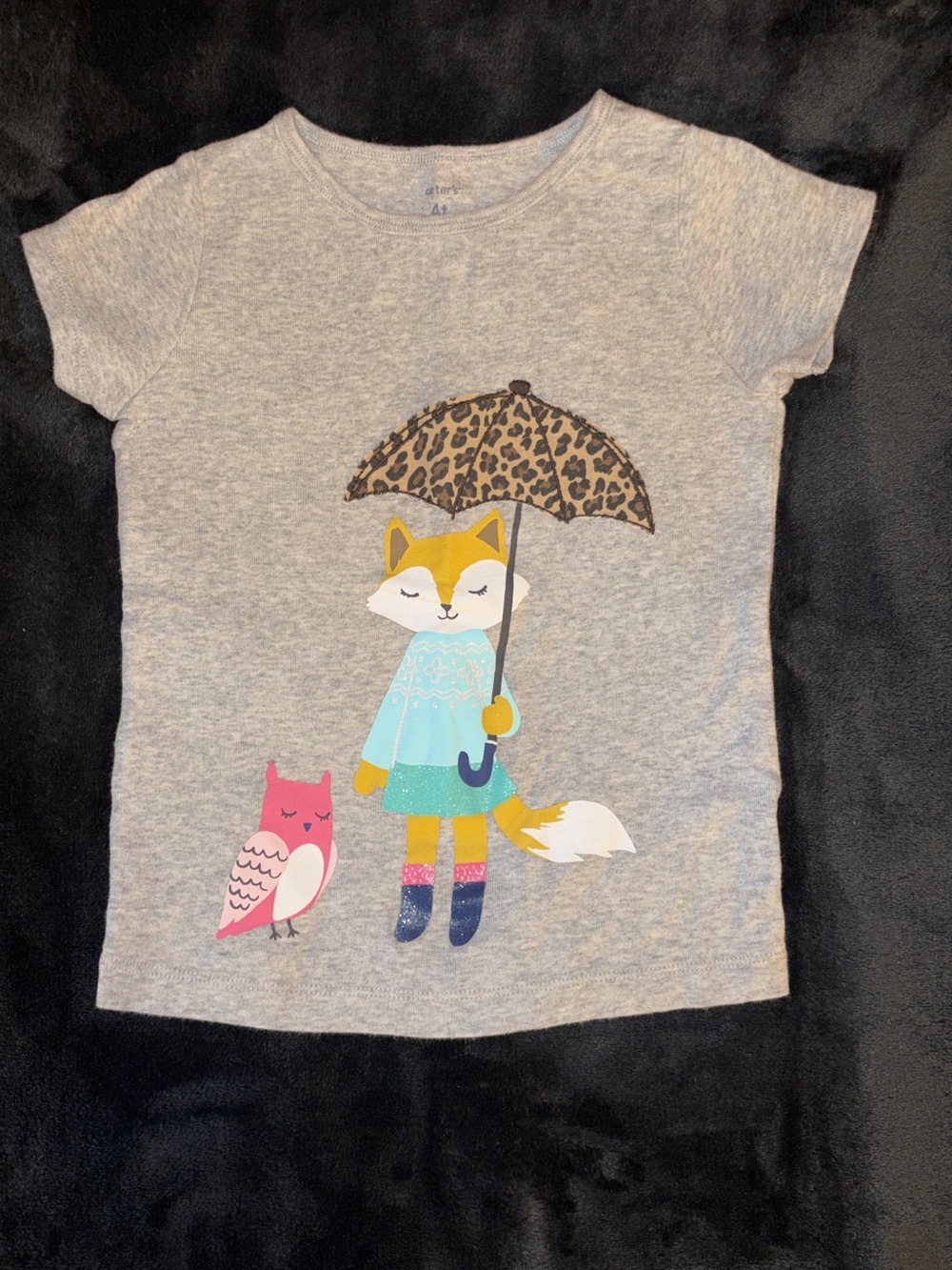 Carter's Light Gray Tee with Fox, Owl & Leopard Umbrella Graphic